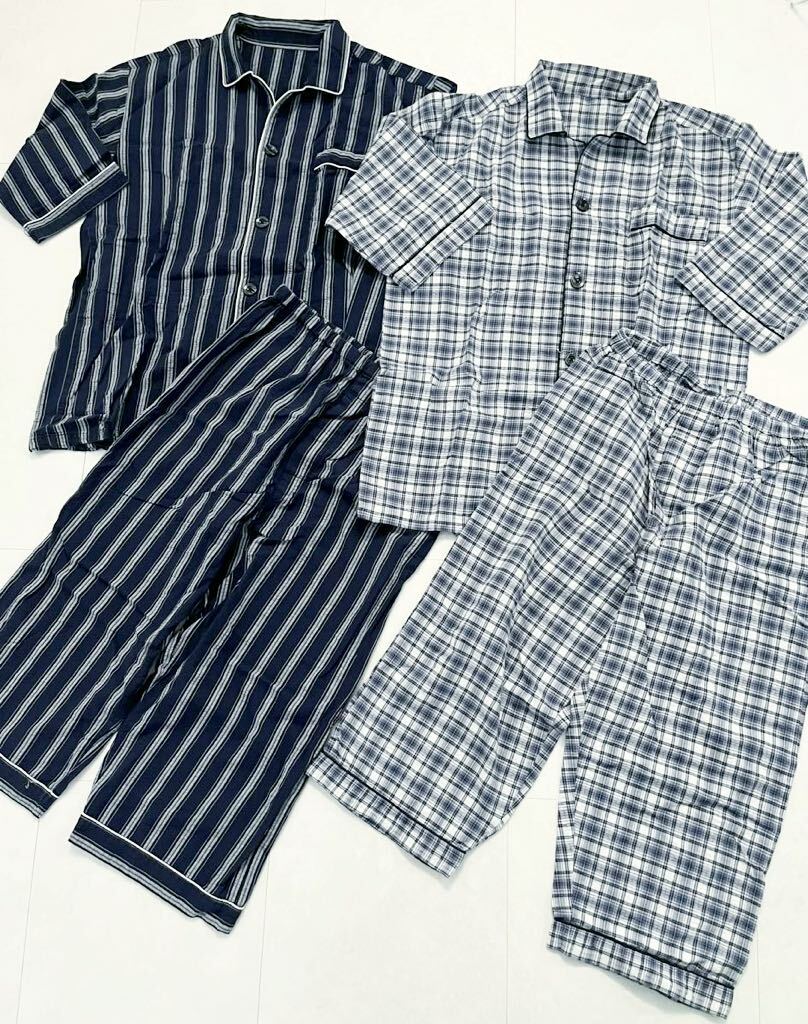メンズ パジャマ L 2組セット 上下 紺 青 ネイビー ブルー系 春夏秋 五分袖 七分丈 入院 介護 寝巻き ルームウェア チェック ストライプ拍卖
