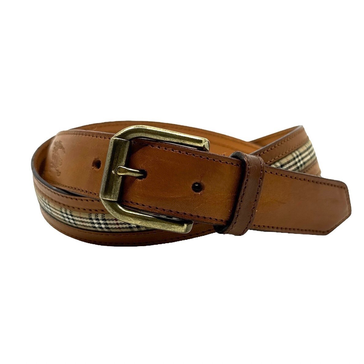 バーバリー チェック柄 レザーベルト ベルト イタリア製 ベージュ×ライトブラウン 24H17拍卖