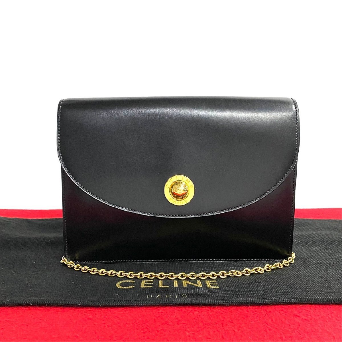 極 美品 希少品 CELINE セリーヌ スターボール ロゴ 金具 レザー 本革 チェーン ミニ ショルダーバッグ ポシェット ブラック 黒 27434拍卖