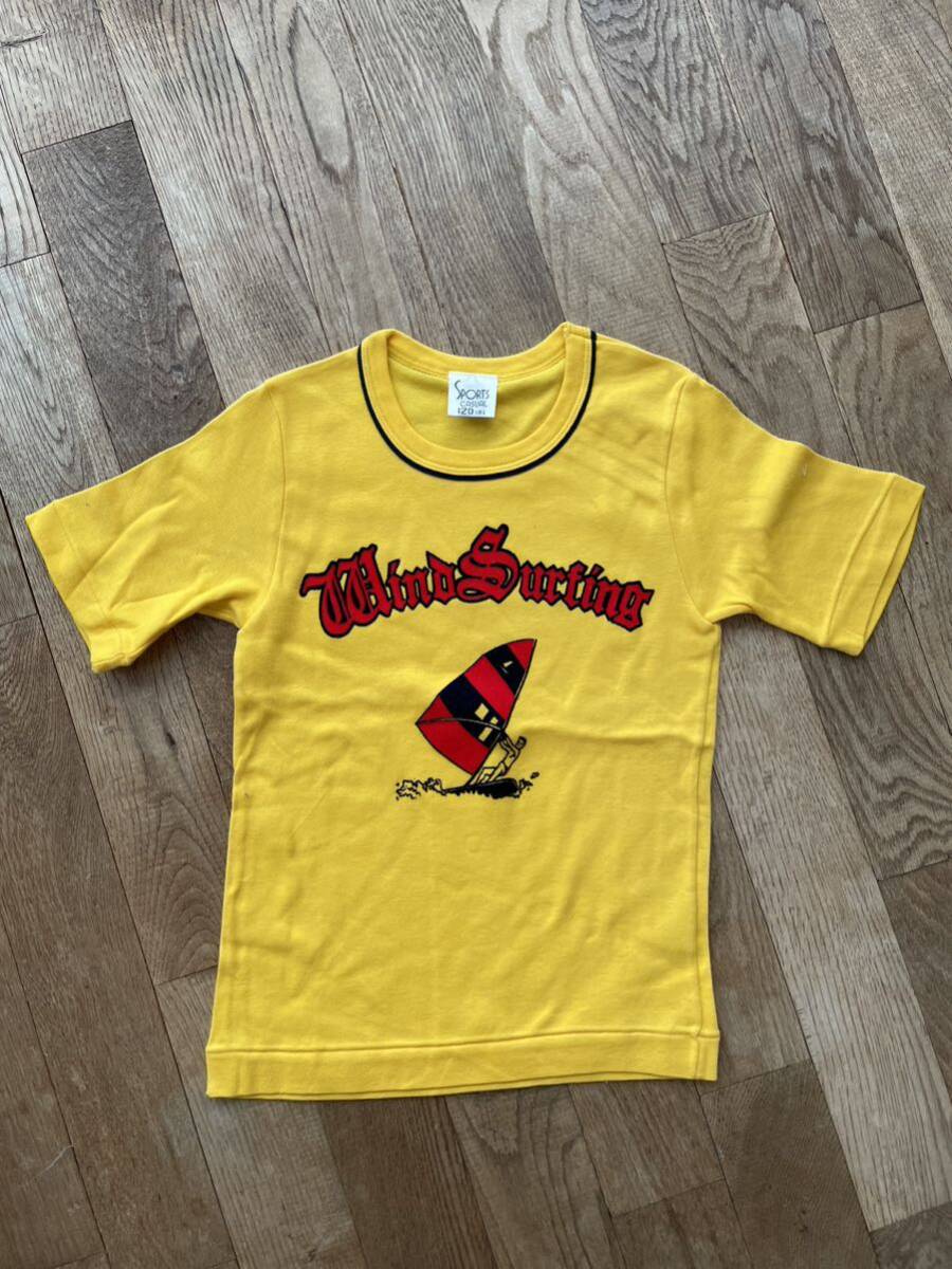 Tシャツ 半袖Tシャツ 子供服 ピノキオ 昭和レトロ 黄色 ノスタルジー ウインドサーフィン 8歳 120㎝ デットストック キッズ サーファー 80s拍卖