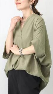 人気夏新品 チュニック ゆるビッグサイズ Vネック レディース ドルマン ブラウス オフィス 着やせ 大人 トップス グリーン拍卖