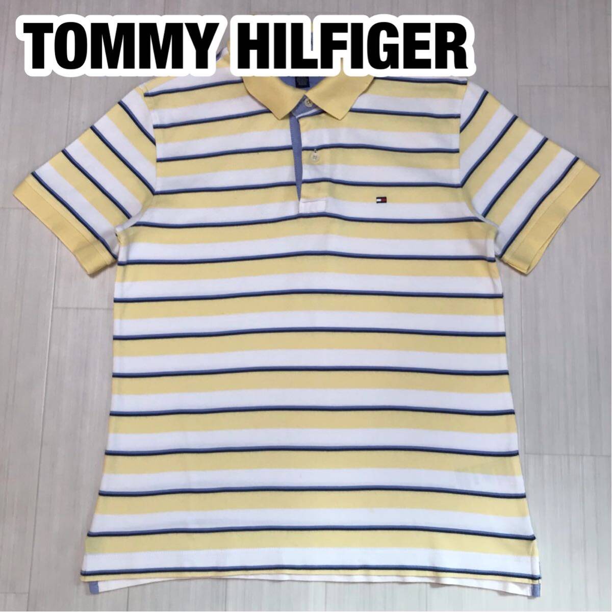 TOMMY HILFIGER トミー ヒルフィガー 半袖ポロシャツ M ボーダー柄 イエロー×ホワイト×ネイビー×ブルー フラッグロゴ 刺繍ロゴ拍卖