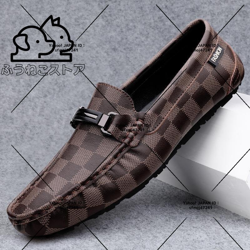 新品 ローファー メンズ 新品 スリッポン ドライビングシューズ カジュアル チェック柄 紳士靴 男性靴 カーキ 26.0cm拍卖