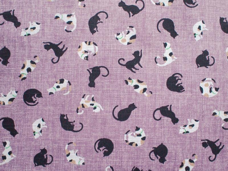 手芸雑貨ハギレ生地☆和柄黒猫三毛・ドビー・114×49cm・パープル・綿☆国産リメイクハンドメイド拍卖