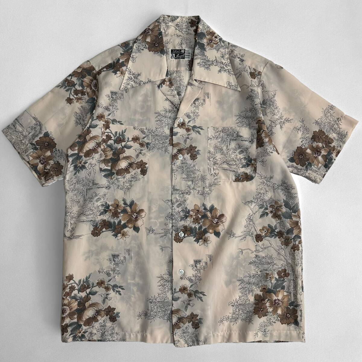 レア物【Shirts Angel】VINTAGE 70s 80s 総柄 キャラクター&花柄 オープンカラーシャツ 古着 ビンテージ アロハシャツ 貴重拍卖