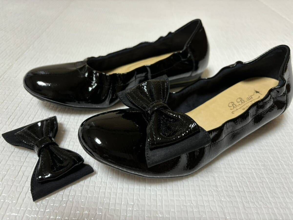 定価25980円 ピアノ発表会 BBエア 脚長美人 リボン付き牛革 2WAYバレエシューズ ブラック 黒 23.0 パンプス フォーマル靴拍卖