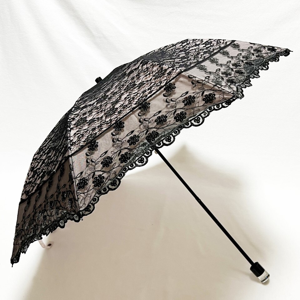 《Sorcie Renom》新品 UVケア加工 上品 豪華2重レース刺繍・スパンコール 晴雨兼用折りたたみ傘 日傘 雨傘 8本骨 クリアーハンドル S0435拍卖