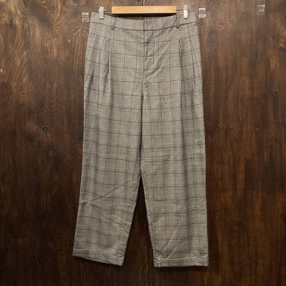 アメリカ古着 グレンチェック イージーパンツ USA古着 ワイドパンツ グレー ツータック ワイドスラックス Lサイズ拍卖