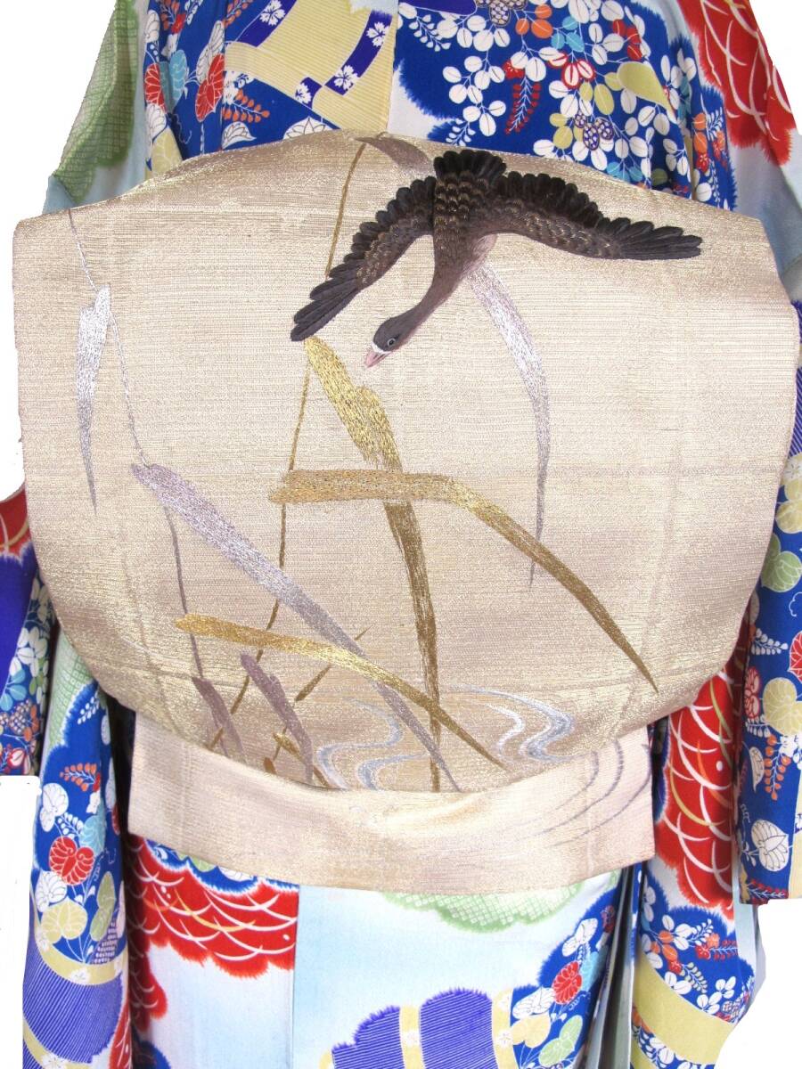 雁に葦 流水 総刺繍 アンティーク絽袋帯 鳥拍卖