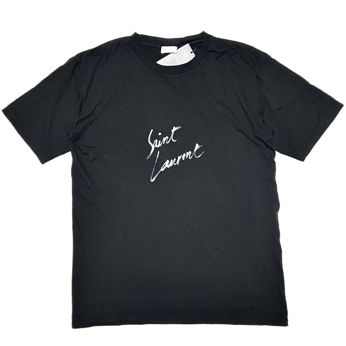L 新品 サンローラン 正規 Saint Laurent 手書き風 ハンドライト ロゴ Tシャツ ブラック 半袖 TEE YSL イブサンローラン 黒 ロゴT SL拍卖