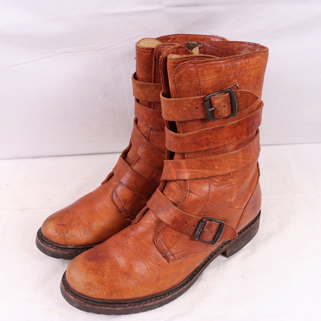 FRYE ストラップブーツ 実寸 26.0cm-26.5cm 位 ブラウン 茶 サイドジップ タンカー ブーツ フライ メンズ 古着 中古 eb1356拍卖
