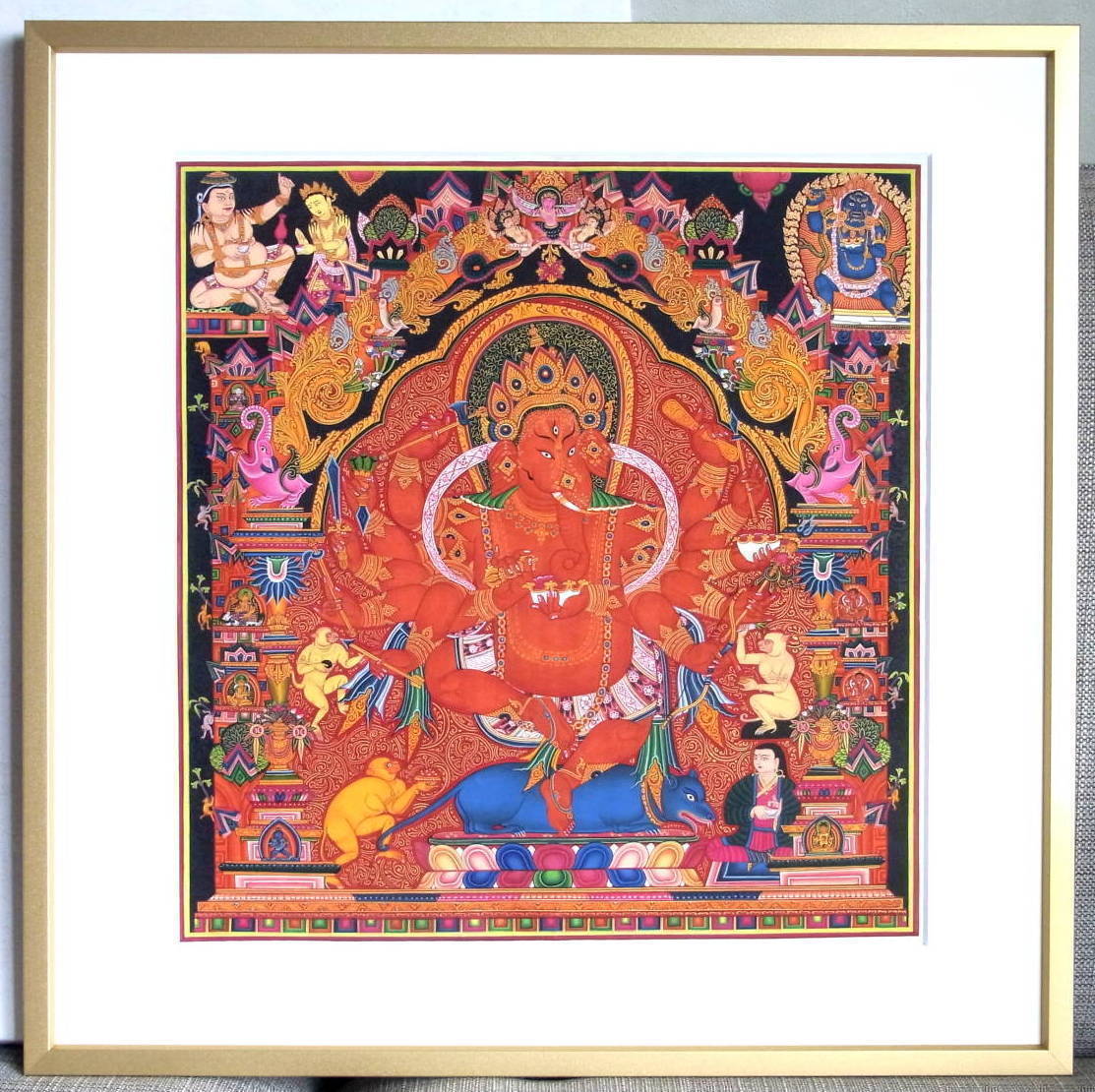 【額装済み】冨と成功、智慧のインドの神様 ガネーシャ神の曼陀羅 肉筆原画 一点物拍卖