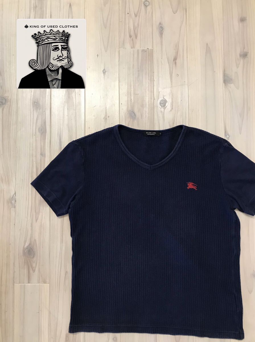 BURBERRY BLACK LABEL バーバリーブラックレーベル サマーニットTシャツ Mサイズ Vネック ブラック 半袖Tシャツ ユーズド 古着拍卖