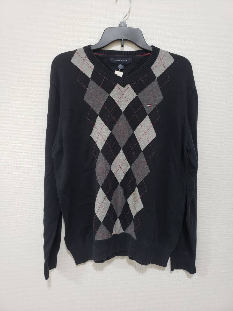 TOMMY HILFIGER トミーヒルフィガー ニット セーター スウェット 黒グレー赤 L アーガイル拍卖