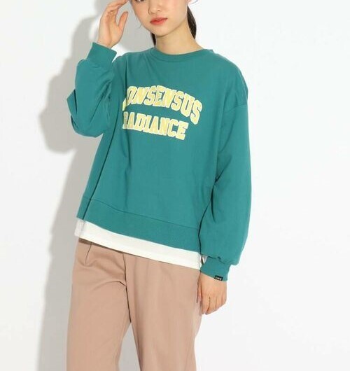 ラスト 新品 PINK-latte カレッジ風裾レイヤードトップス グリーン(022) 15(150cm) 定価2530円拍卖