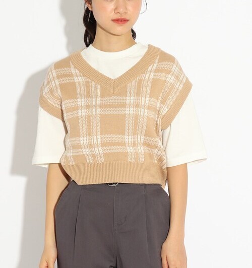 ラスト 新品 PINK-latte【洗える】チェック柄ショートニットべスト ライトベージュ(251) 16(160cm) 定価2189円拍卖