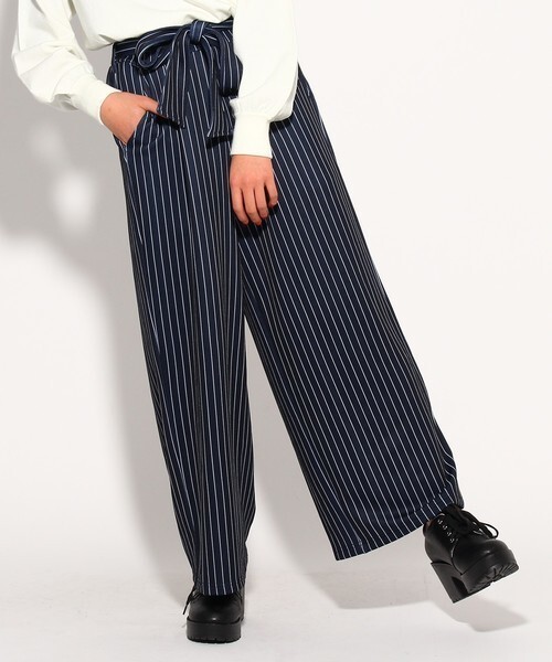 ラスト 新品 PINK-latte ニコラ掲載サッシュベルト付ワイドパンツ ネイビーストライプ 15(XS150cm) 定価3190円拍卖