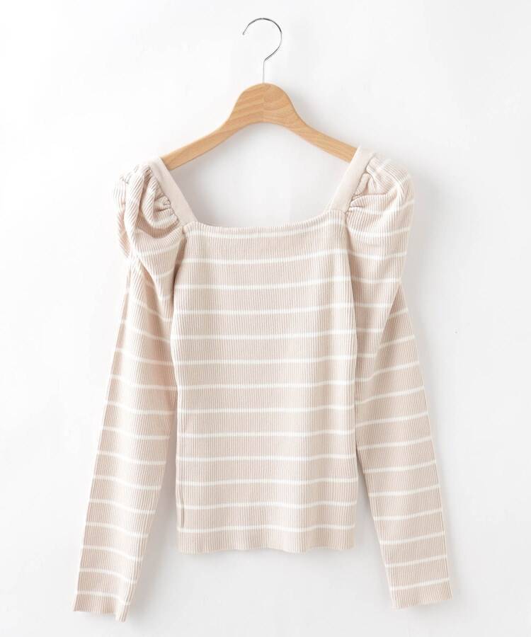 新品 ROYAL PARTY パフスリーブスクエアネックニット ベージュ(252)(ボーダー) 99(フリー) 定価3190円拍卖