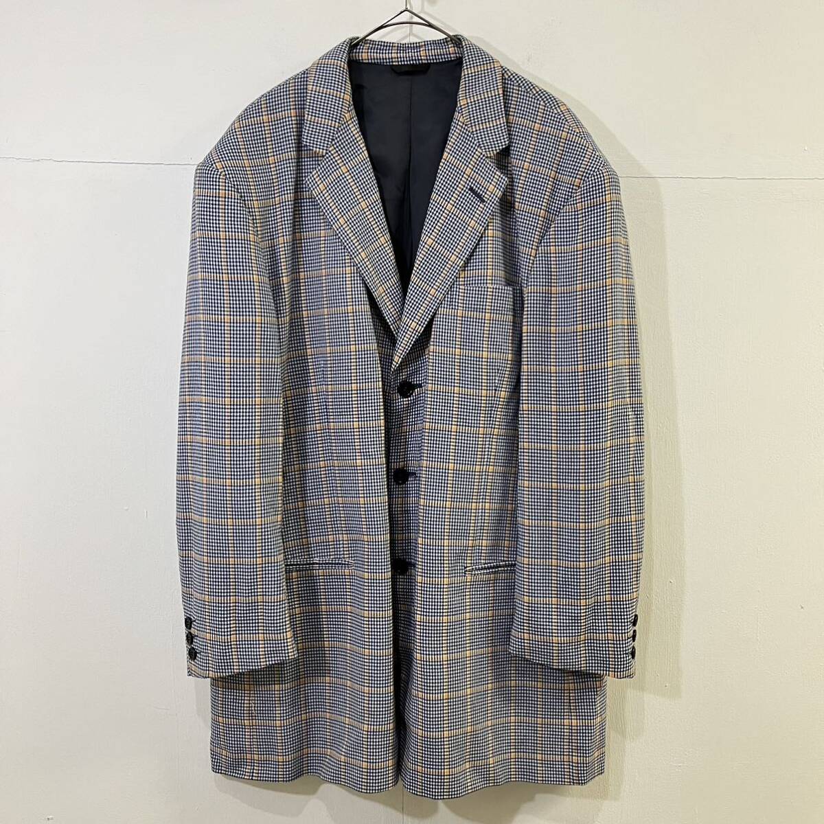 Sergio PELLARI イタリア製 テーラードジャケット チェック柄 総柄ジャケット 背抜き 3Bジャケット 青 オレンジ【送料一律/同梱可能】A拍卖