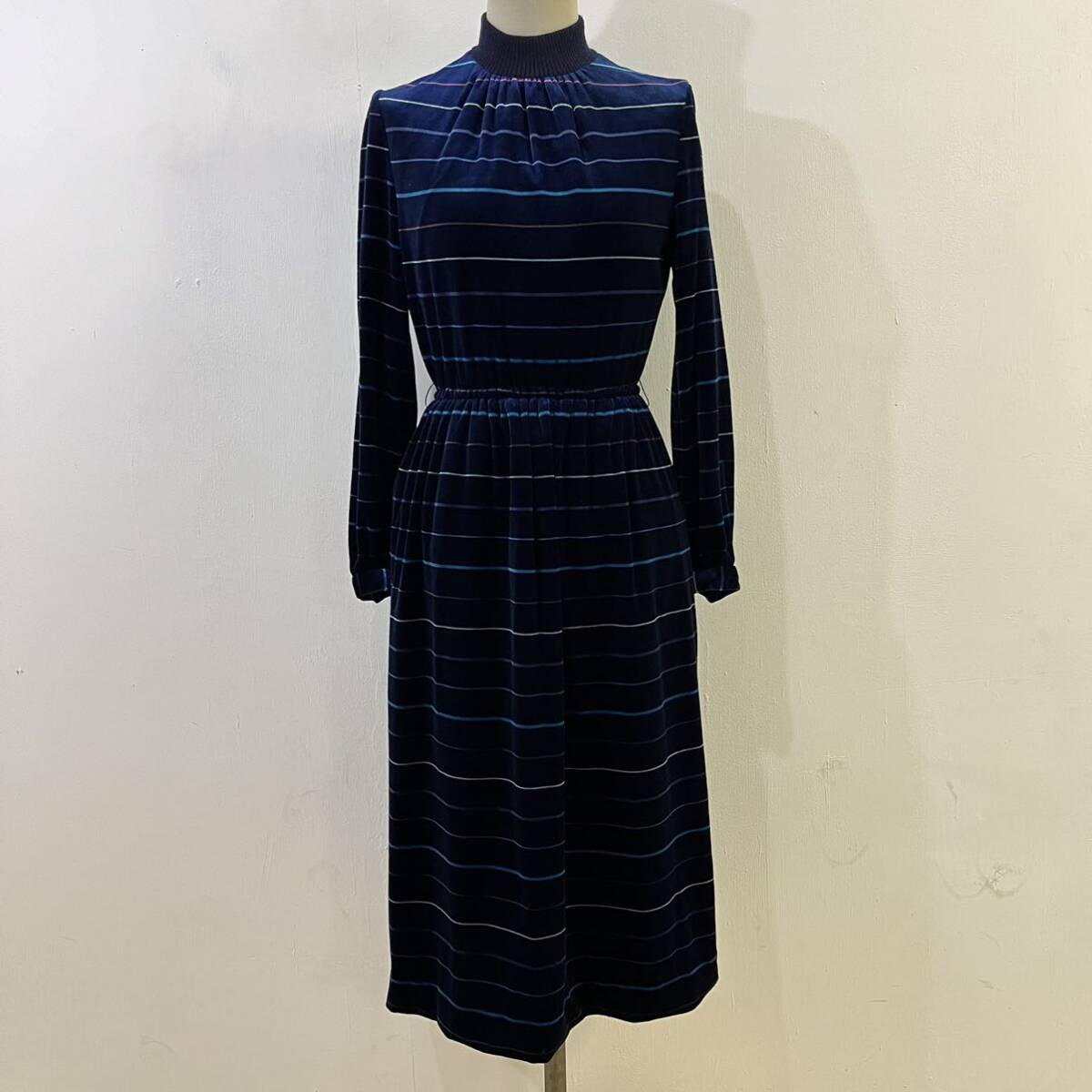 VINTAGE ajast-for ロングワンピース ベロアワンピース ベルベットワンピース ボーダー柄 総柄 ヴィンテージ 希少【送料一律/同梱可能】E拍卖