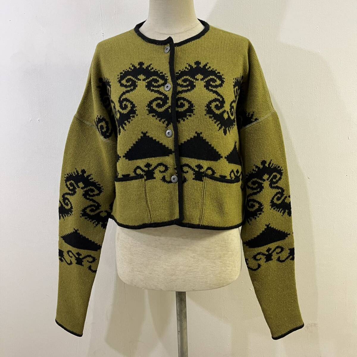 Jean Paul Gaultier ニットカーディガン 羽織り 総柄 ネイティブ柄 ショート丈 極上 ウール ジャンポールゴルチエ【送料一律/同梱可能】O拍卖