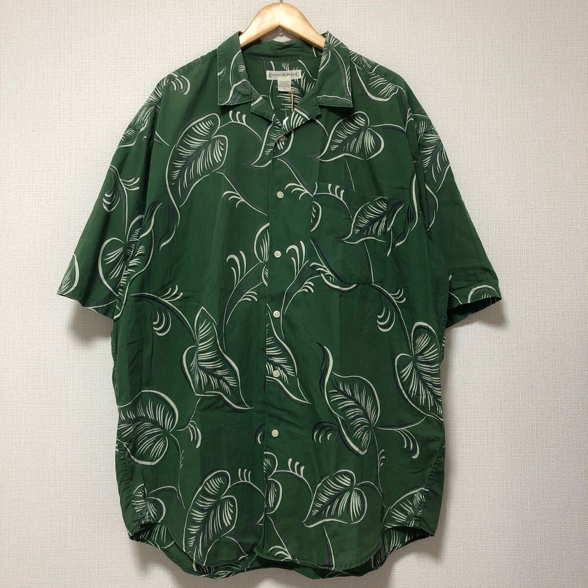 (k) 90s 90年代 BANANA REPUBLIC 開襟シャツ 半袖 総柄 グリーン 緑 サイズXL オーバーサイズ コットン拍卖