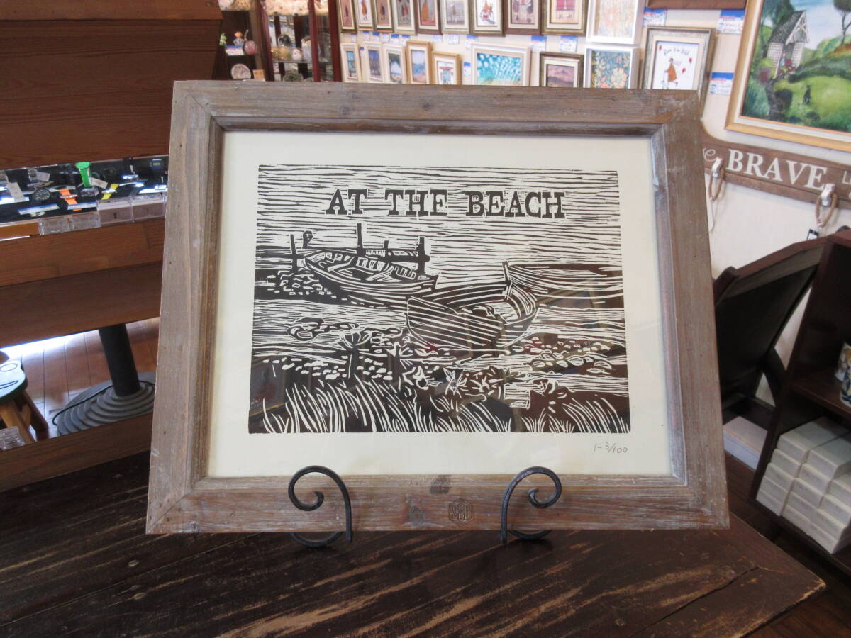 ★画像のお品をお送りします ハンドプリント ウッドカット フレーム AT THE BEACH★拍卖