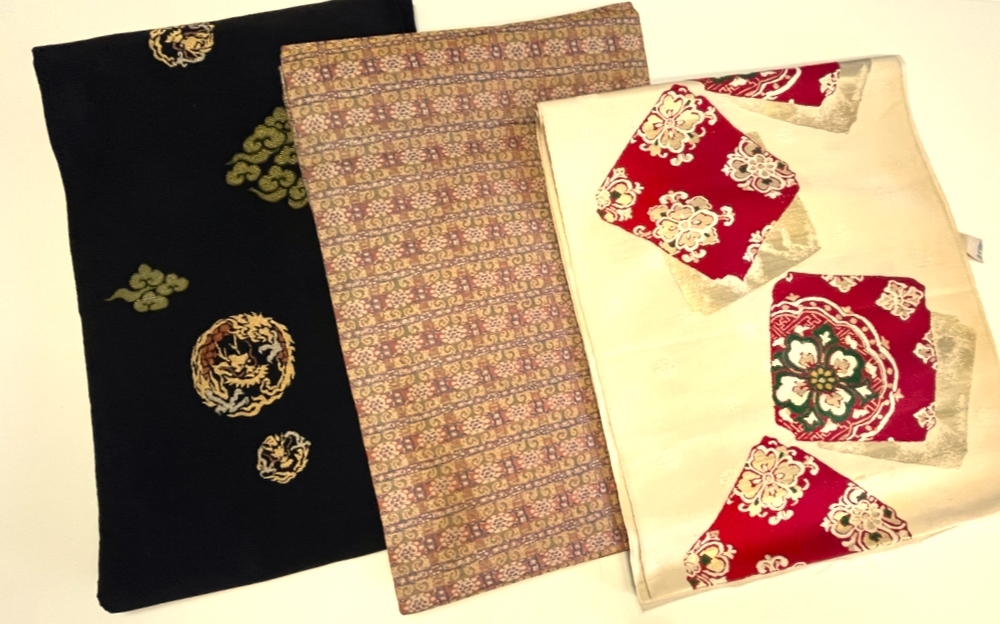 花とら●アンティーク帯 名古屋帯 3本まとめて リメイク 素材 帯皮 間道 綴れ 龍の丸 240801拍卖