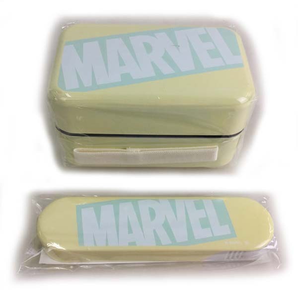 e)お値打ち!! マーベル MARVEL 長角弁当箱(2段) スプーン・フォークセット ボックスロゴ PASTEL YELOOL イエロー ※未使用品拍卖