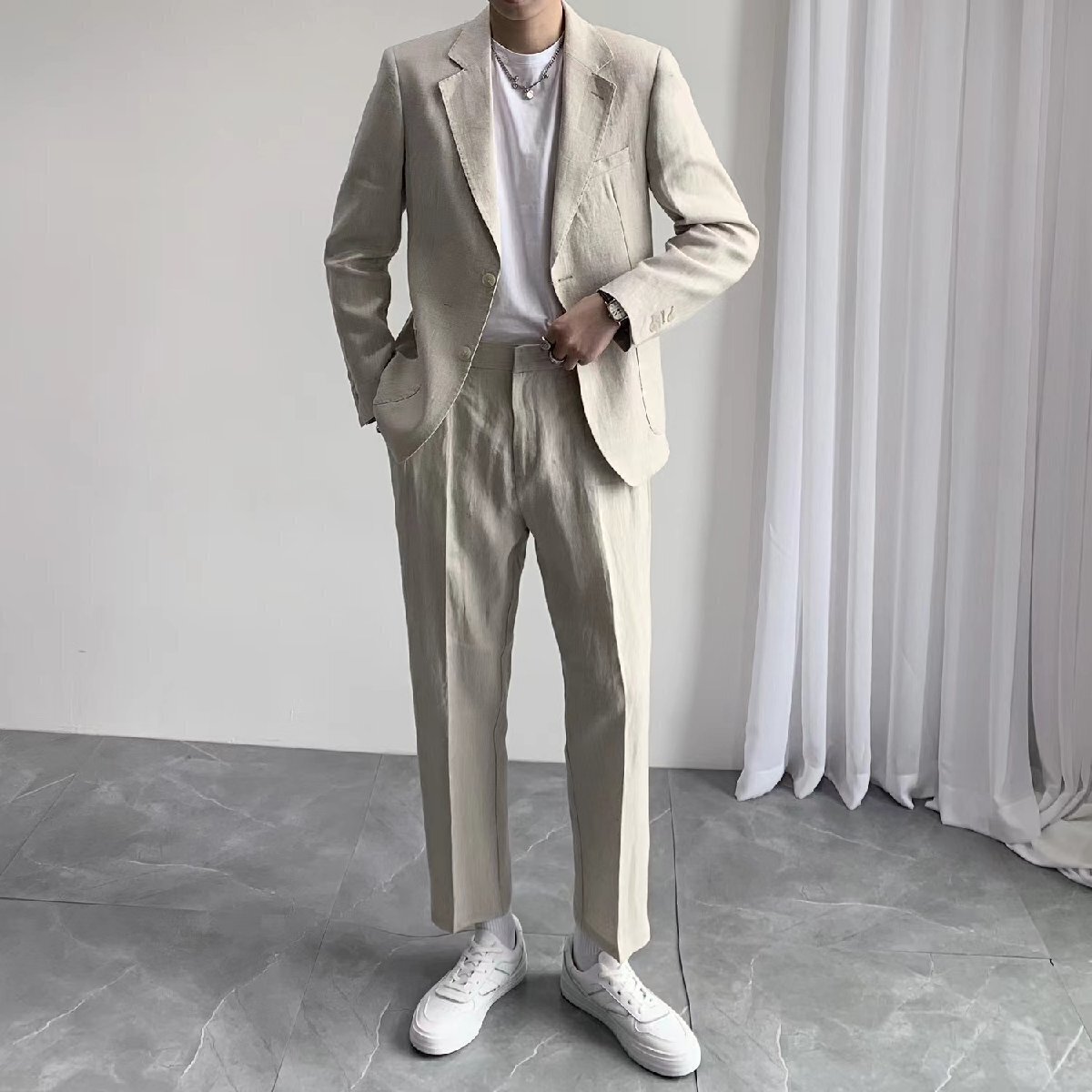 新品メンズ スーツ ビジネススーツ スーツセットアップ 麻 夏涼しい テーラードジャケット 上下セット シワ感拍卖