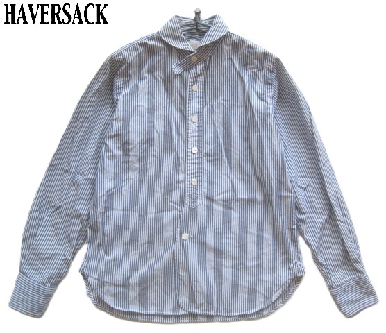 高級日本製!!ハバーサック HAVER SACK*丸襟 チンスト付き ストライプ柄ワークシャツ S 白×紺 ネコ目ボタン拍卖