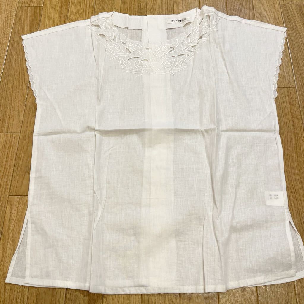 ♪♪⑧SCEPTRE セプター ノースリーブ ブラウス ホワイト 背中ボタン 綿.麻 素材☆フリーサイズ拍卖