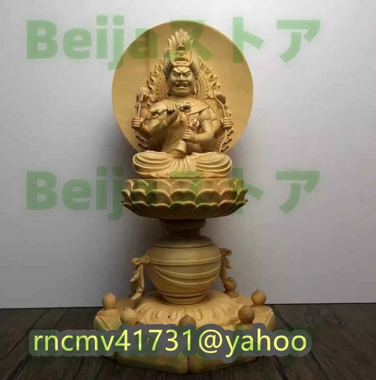 高級天然 至極の木工 総檜材 木彫仏像 仏教美術 精密細工 仏師で仕上げ品 愛染明王像 高さ31cm拍卖