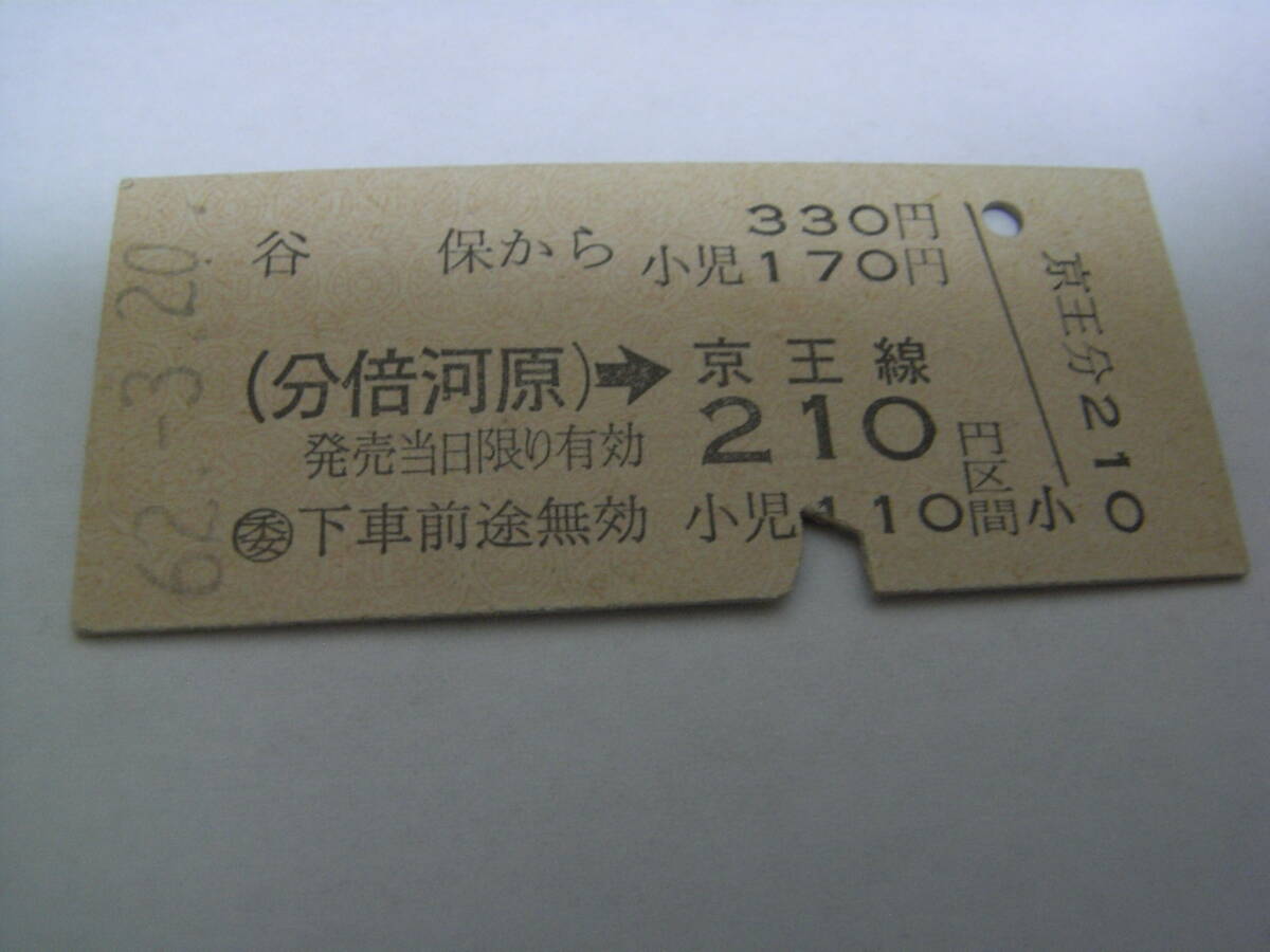 国鉄京王電鉄連絡乗車券 谷保から(分倍河原)→京王線210円区間 昭和62年3月20日 委 国鉄拍卖