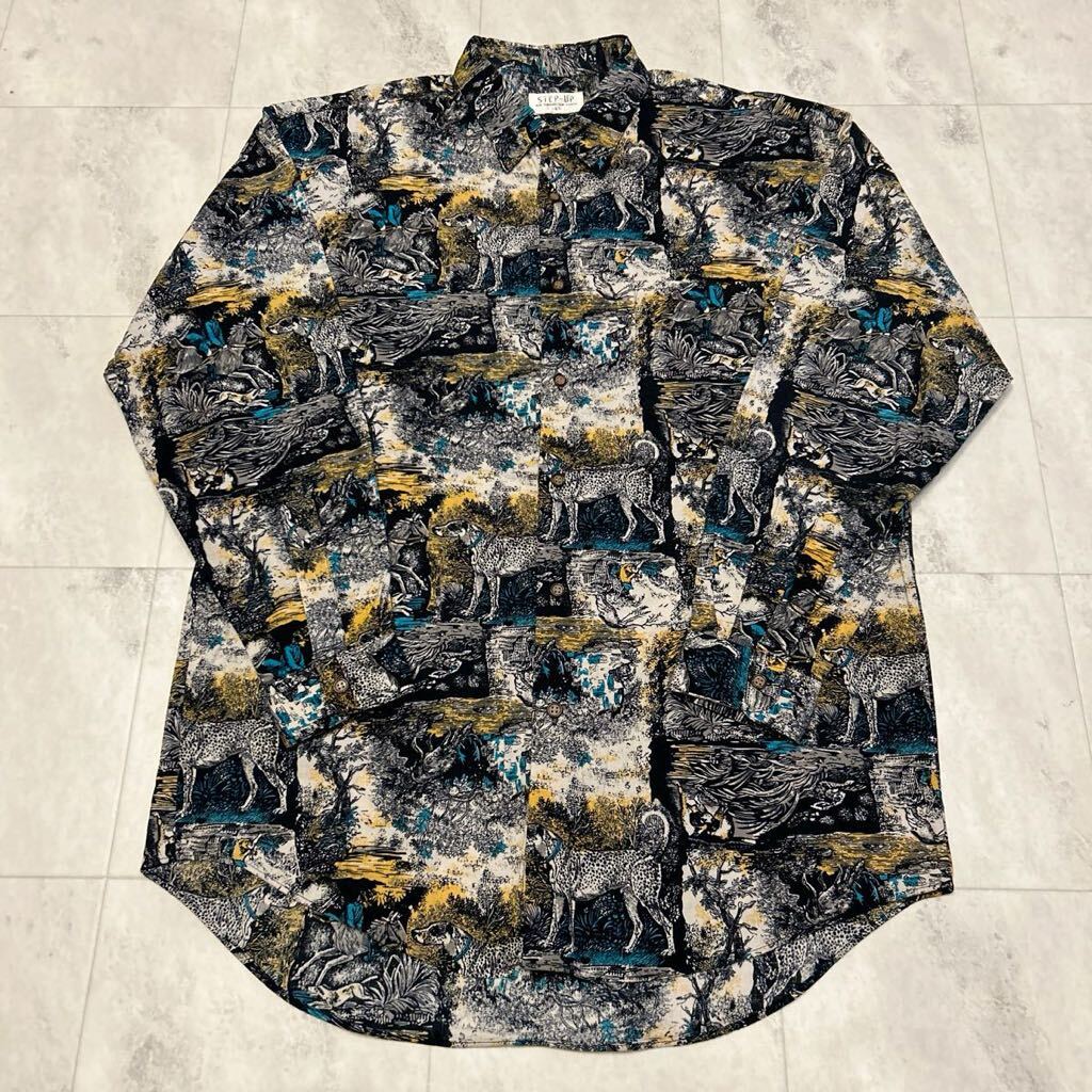 STEP-UP 総柄 柄シャツ アニマル 犬 馬 兎 ジャングル レトロ アート ビンテージ 長袖シャツ 綿100%拍卖