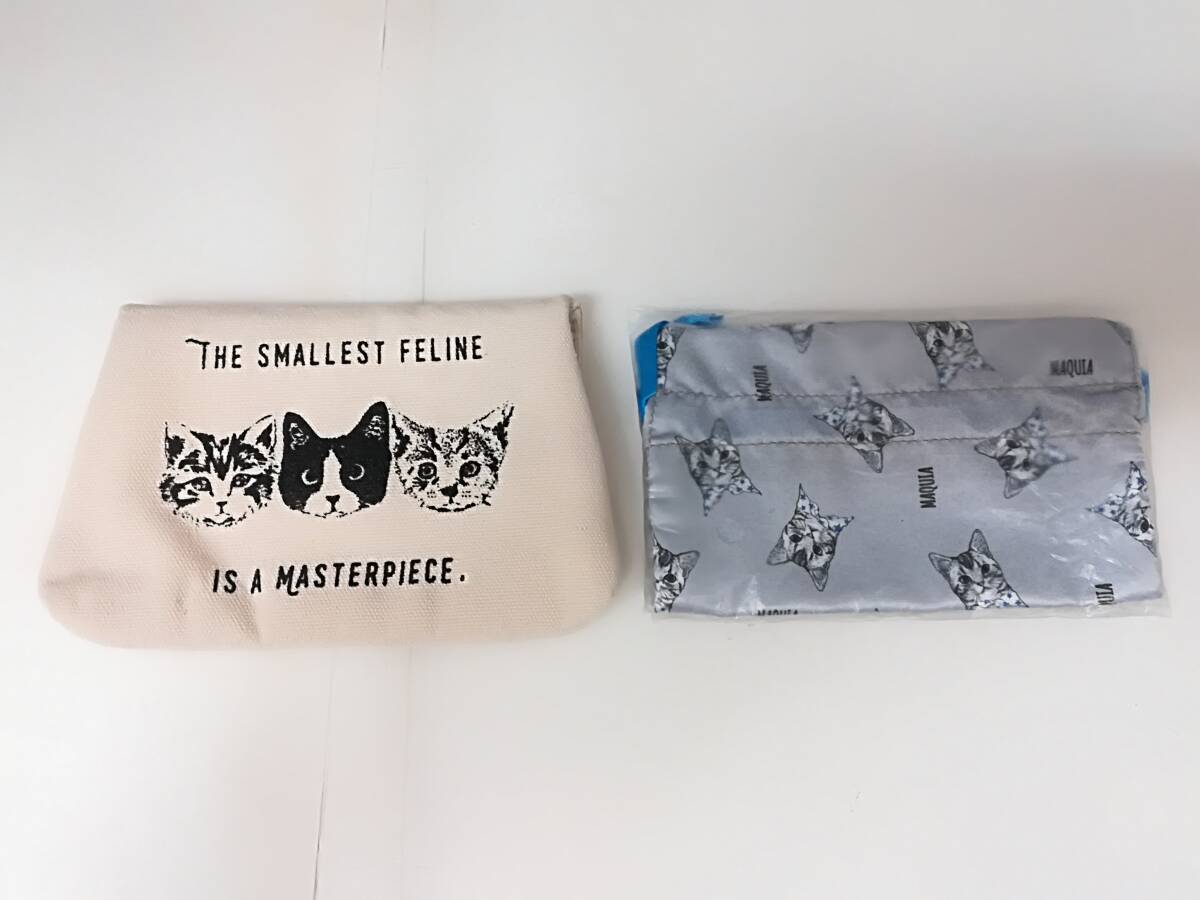 ■未使用 保管品 ネコ柄 キャンバス ポーチ & 未開封 MAQUIA マキア アメショー ネコ柄 グレー 巾着袋 計2点セット拍卖