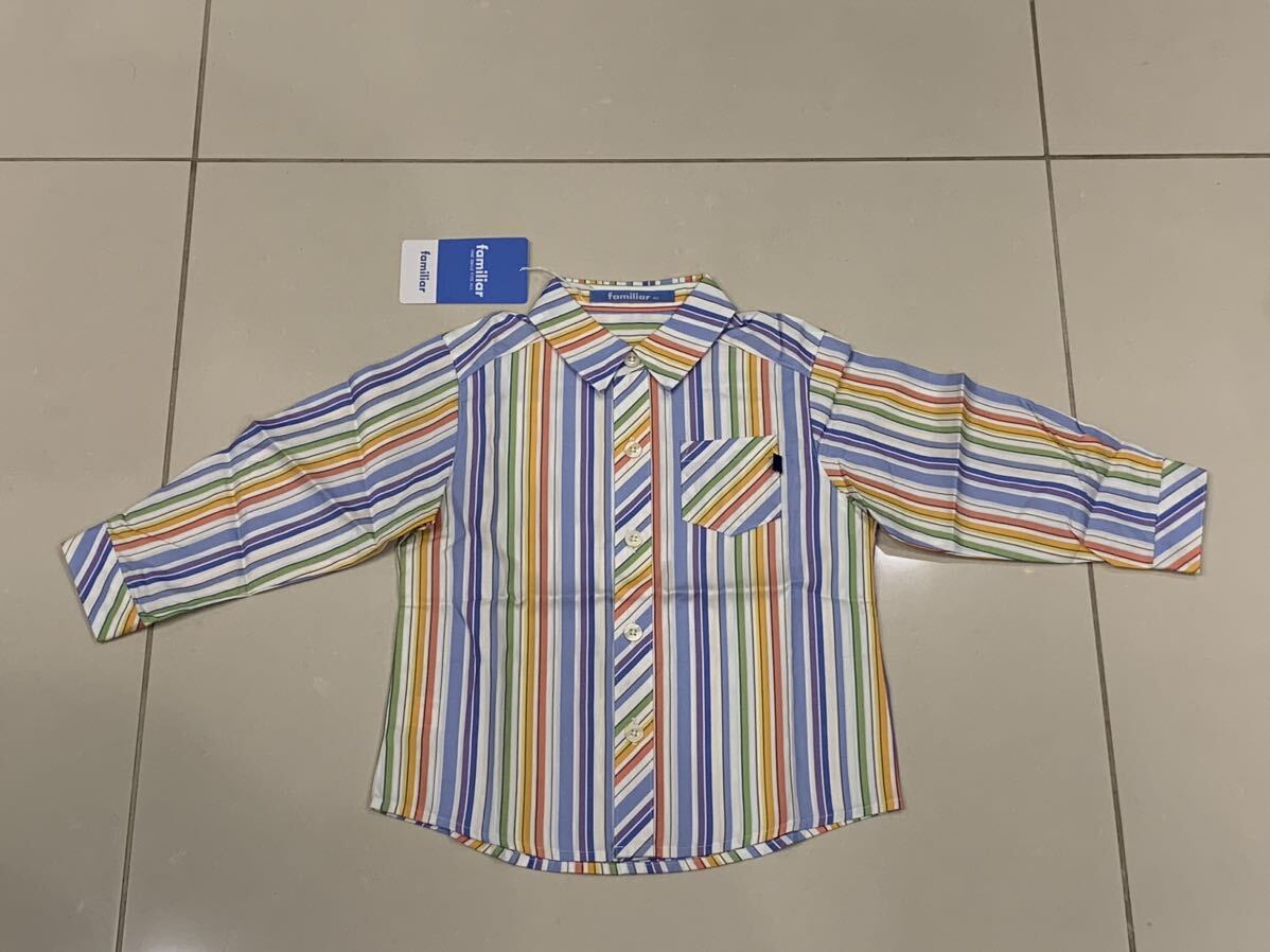 新品/日本製/90サイズ(体重13kg) familiar 長袖シャツ・レインボーストライプ拍卖