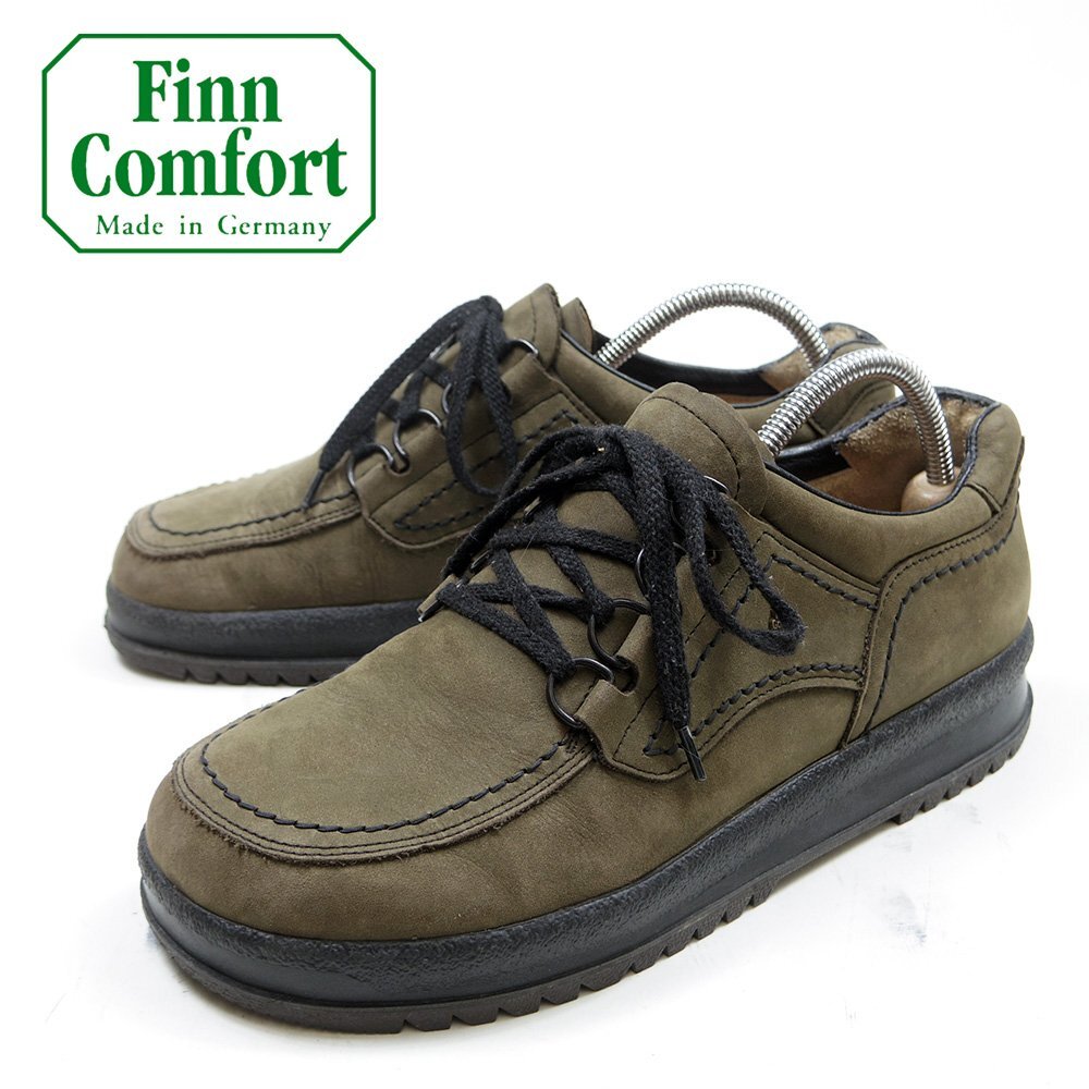 38表記 24cm相当 Finn Comfort フィンコンフォート 4ホール レザーシューズ レザー モスグリーン/24.8.8/P1338拍卖
