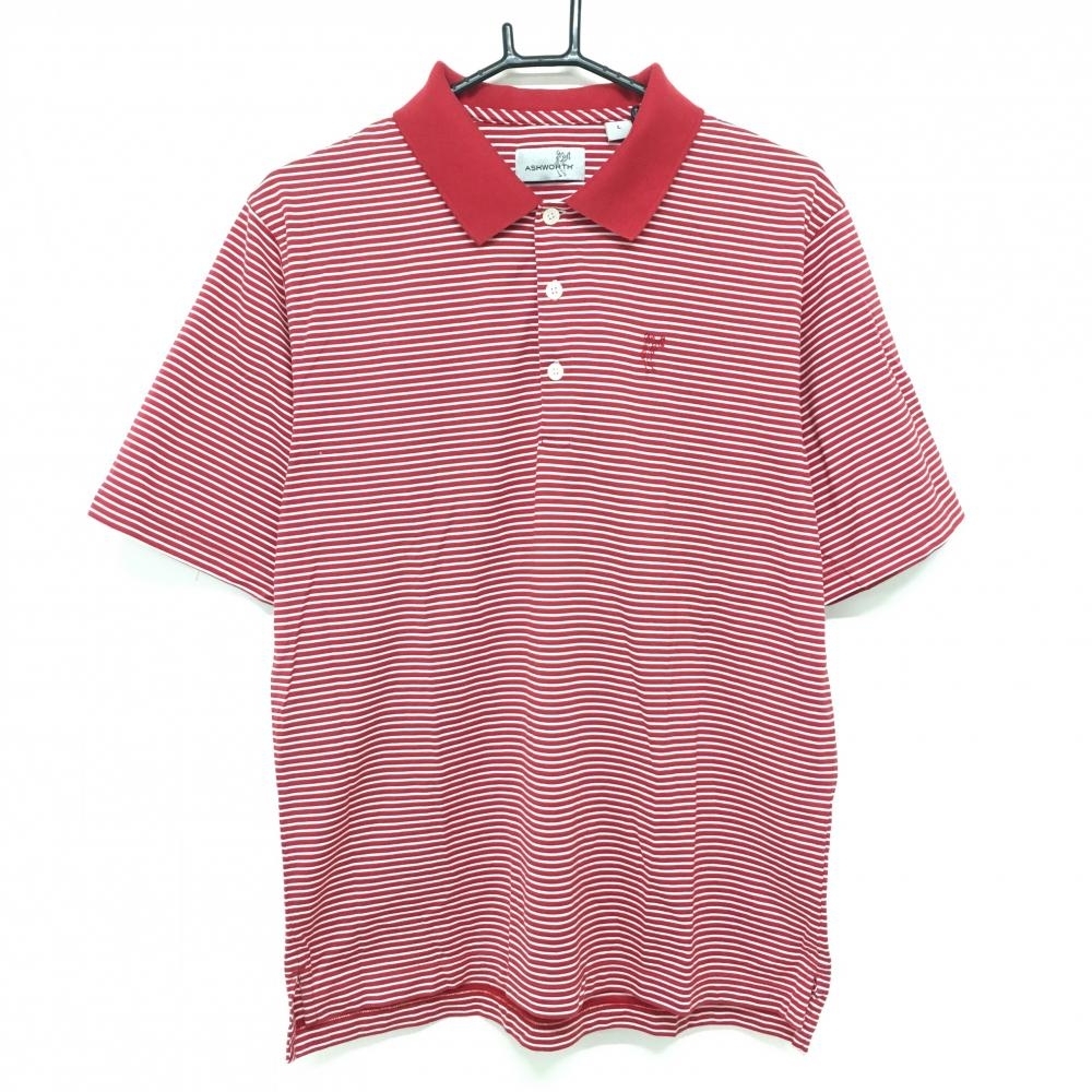 【美品】アシュワース 半袖ポロシャツ レッド×白 ボーダー柄 ロゴ刺しゅう メンズ L ゴルフウェア ASHWORTH拍卖