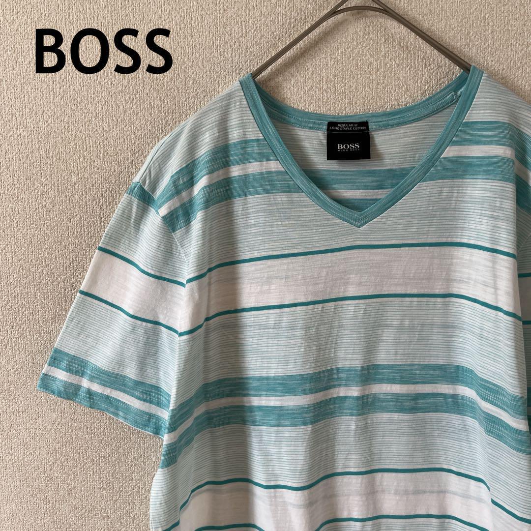 A1 HUGO BOSS ボーダーtシャツ 半袖 VネックLメンズ 緑系拍卖