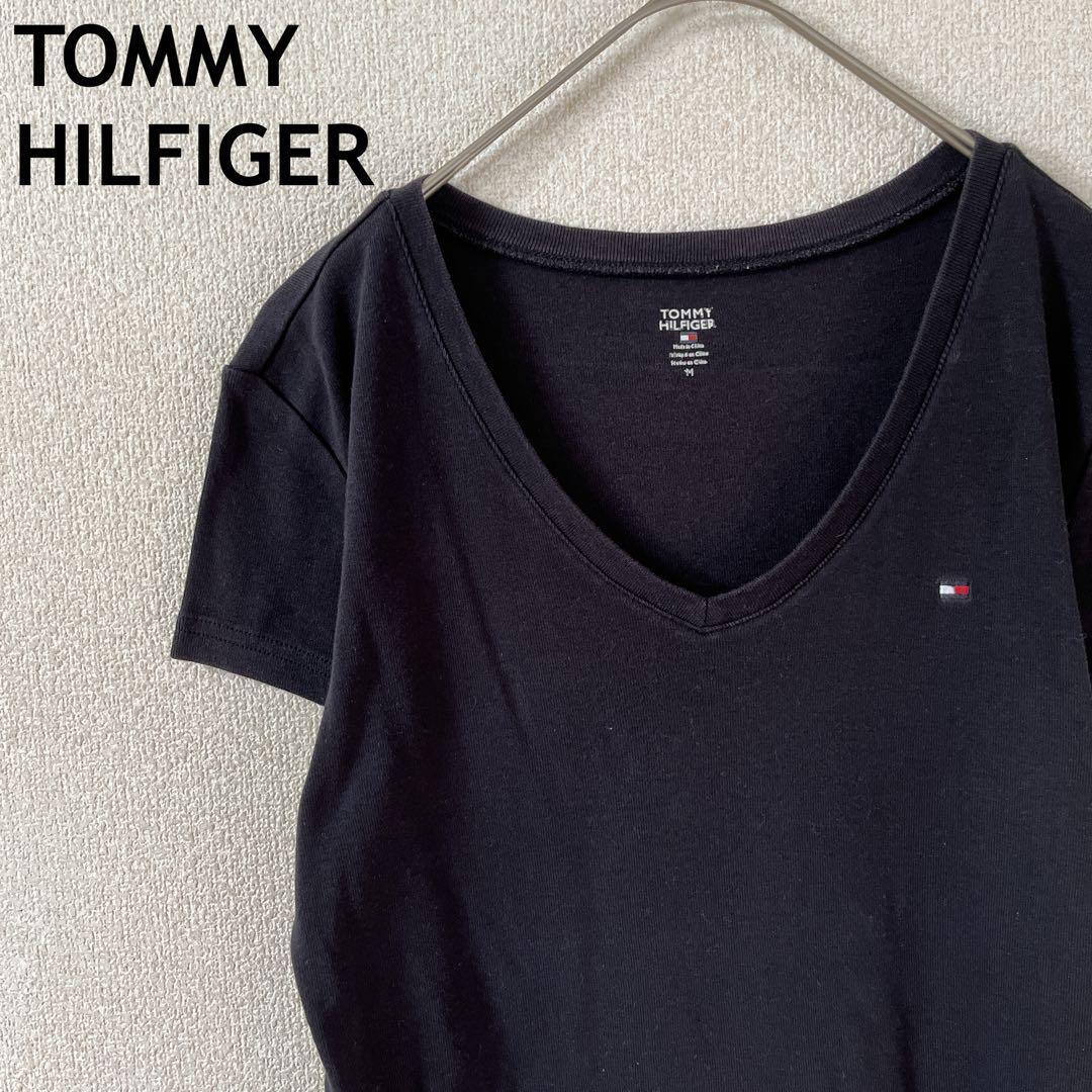 R1 トミーヒルフィガー オープンVネック tシャツ 半袖 黒 Mメンズ拍卖