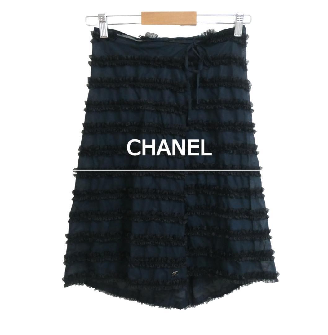 美品 CHANEL シャネル サイズ36 P18811 ココマーク フリル チュール 膝丈 ロング丈 ラップスカート ロングスカート 黒 ブラック拍卖