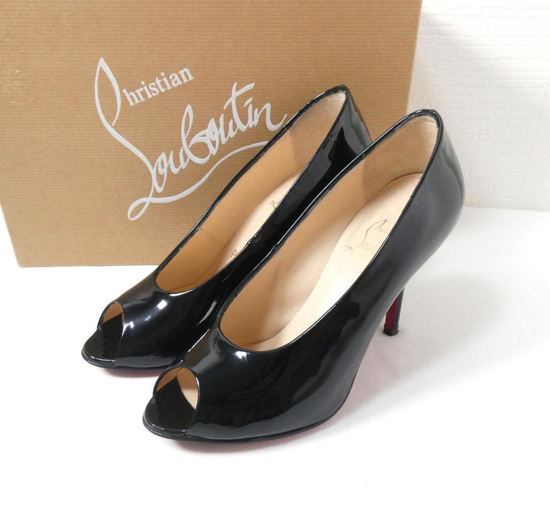 Christian Louboutin クリスチャンルブタン サイズ35 約22㎝ エナメル オープントゥ ハイヒール パンプス 黒 ブラック拍卖