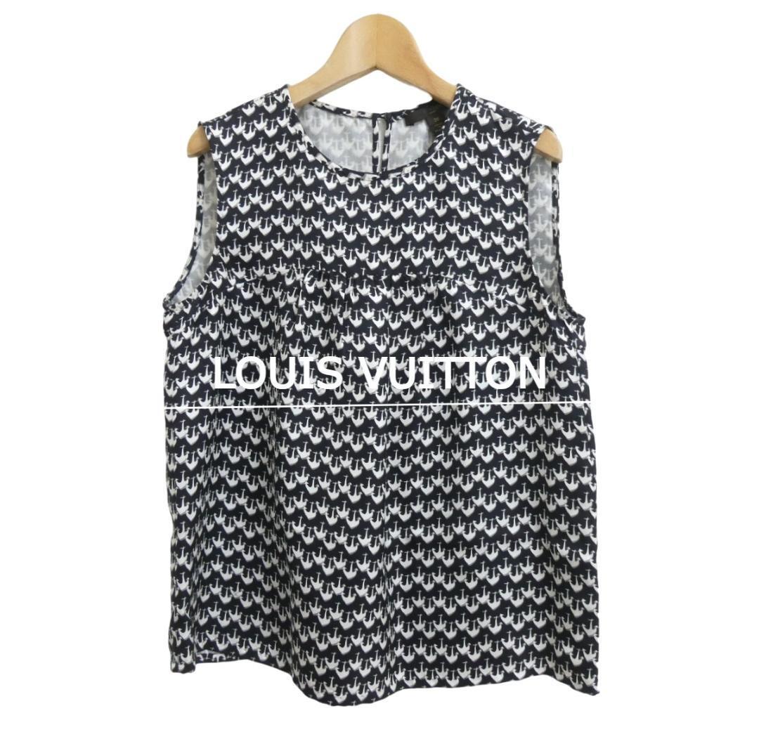 美品 LOUIS VUITTON ルイヴィトン サイズ36 総柄 シルク100% クルーネック ノースリーブ ブラウス シャツ ブラック ホワイト拍卖