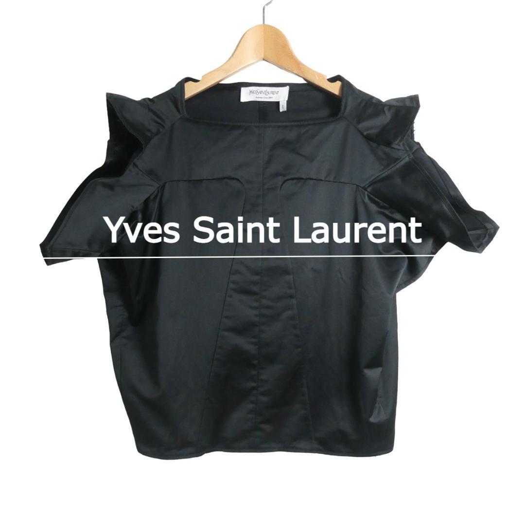 美品 Yves Saint Laurent イヴサンローラン サイズF36 サテン生地 スクエアネック 半袖 変形 ブラウス カットソー 黒 ブラック拍卖