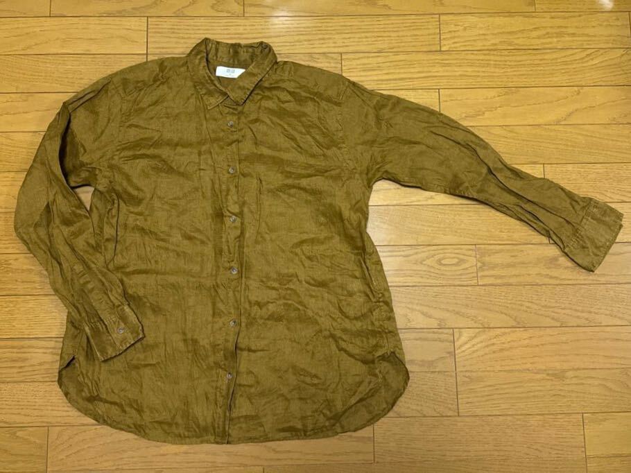 送料無料■UNIQLO ユニクロ 黄土色 リネン 長袖シャツ サイズXL拍卖