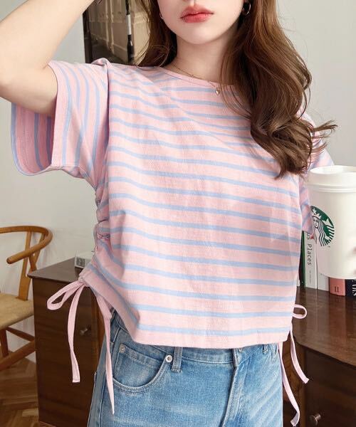 モーメントプラス サイドドロスト半袖 マルチボーダーショートTシャツ ピンク M拍卖