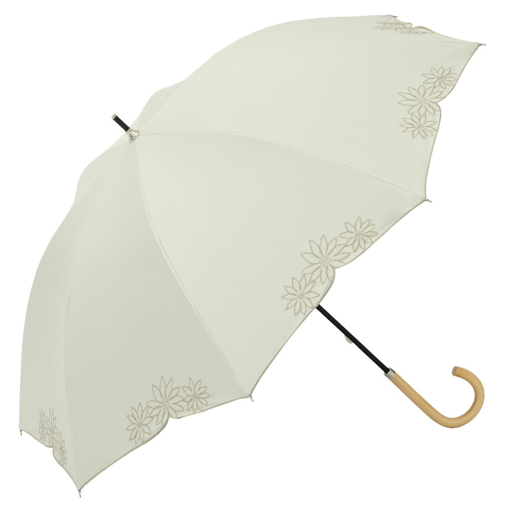 ☆ フラワー刺繍/ホワイト ☆ because ビコーズ PUコーティング 晴雨兼用 長傘 because ビコーズ 晴雨兼用傘 長傘 遮熱性 傘 雨傘 日傘拍卖
