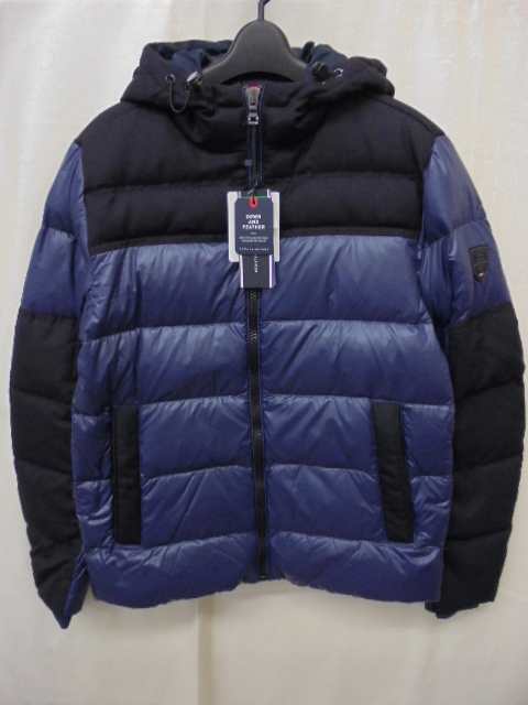 【KCM】jhk-40-S★ワケあり未使用品★トミー ヒルフィガー メンズ 切替デザイン ダウンジャケット フード付き ネイビー系 S拍卖