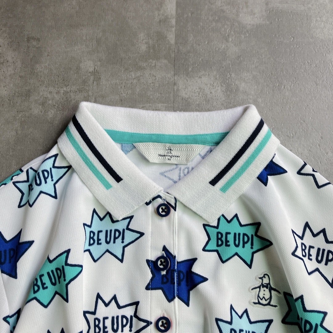 マンシングウェア Munsingwear 半袖 ポロシャツ ホワイト 白 総柄 ワッペン 刺繍 M ゴルフウェア拍卖